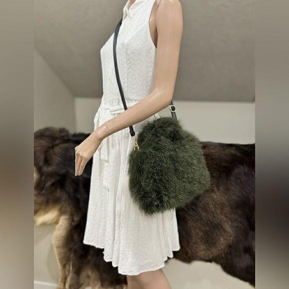 Olive Green Handmade Genuine Curly Shearling Top Handles Bag/Crossbody - Picture 6 of 16